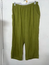 Flax By Jeanne Engelhart Womens Large Green Linen Wide Leg Pull On Casual Pants