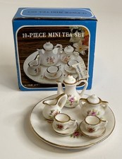 Vtg Mini Porcelain Rose Pattern Tea Set Teapot Pitcher Floral Gold Trim Trinkets