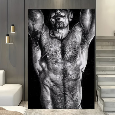 Aesthetic Hairy Muscular Man Poster Black White Male Art Print Bedroom Decor