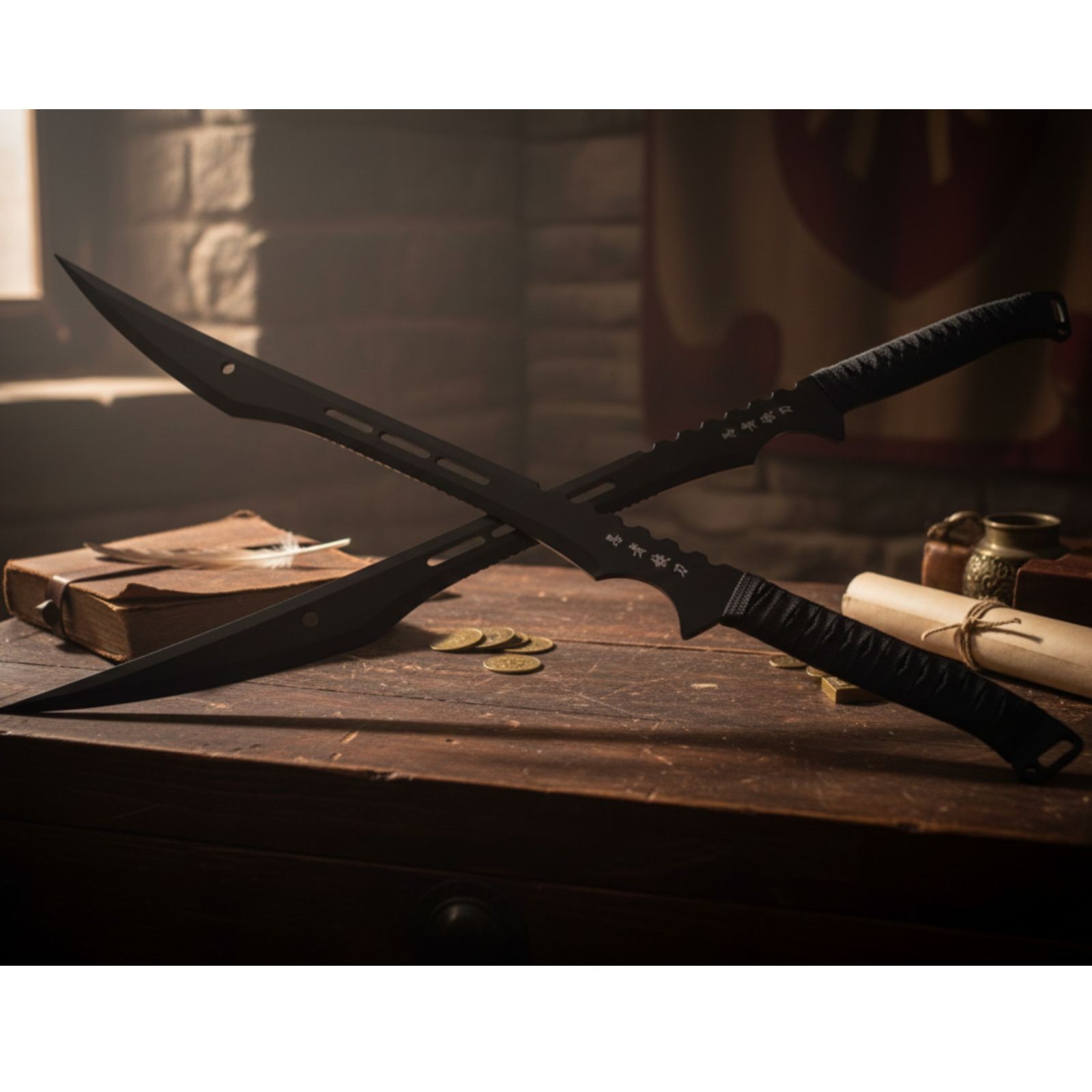 27" 2pc Black Ninja Sword Set Full Tang Machete Tactical Katana w/ BACK SHEATH