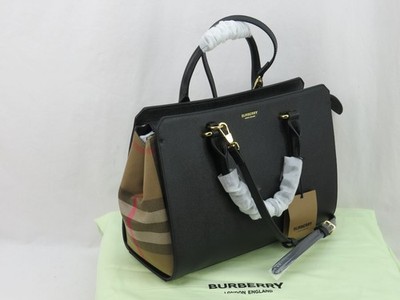 NWT BURBERRY BANWELL BLACK LEATHER CHECK CANVAS HOULDER TOTE BAG $ 1950