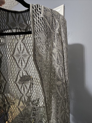 Damen Maxikleid Set Silber Gold Metallic Whimsigoth Boho Häkel Cardigan S/M - Bild 22 von 24