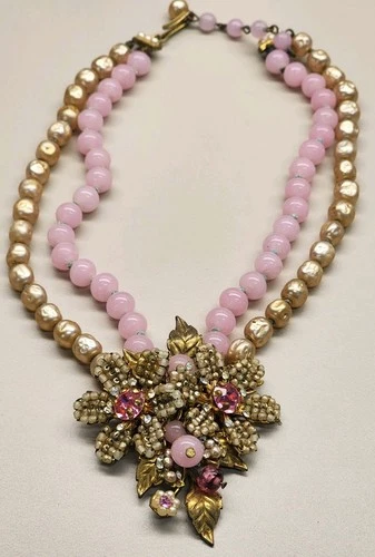 Early Miriam Haskell Glass Baroque Pearl & Pink Beads Necklace Gold Tone Unmark