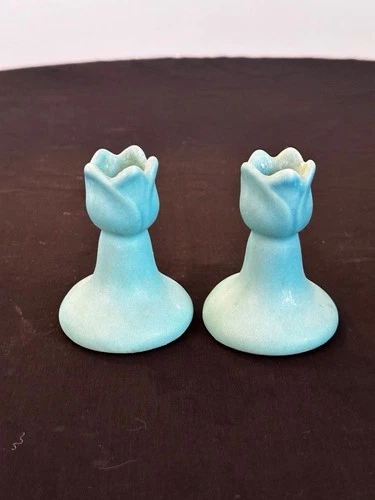 VAN BRIGGLE  -  Vintage  3 1/2"  MING BLUE CANDLEHOLDERS  1920