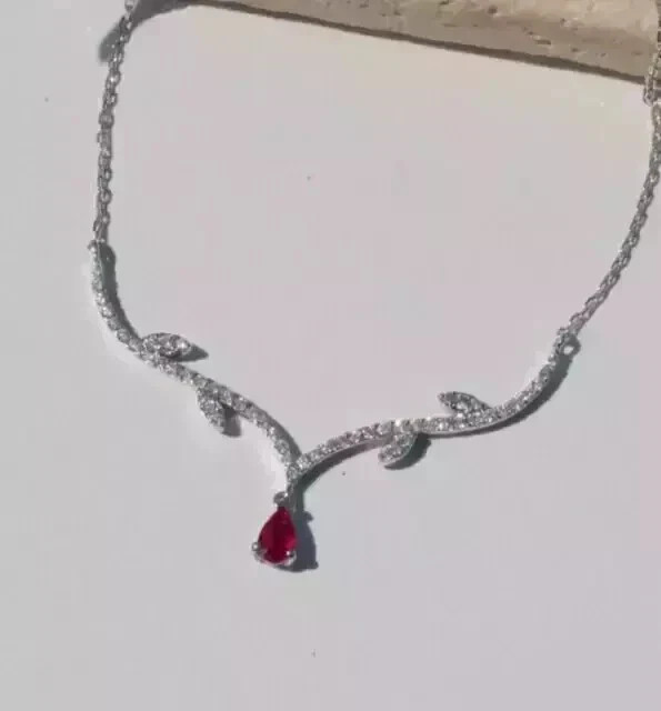 14K White Gold Plated 4Ct Pear Cut Lab-Created Red Ruby Women's Beauty Necklace
