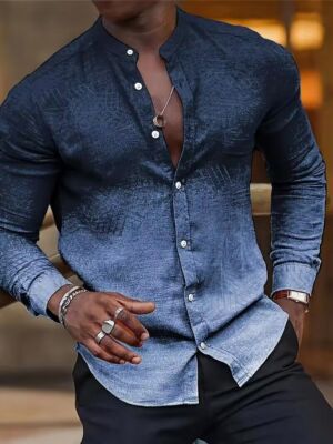 Camisa Cuello Alto Botones Hombres Vestido Ajuste Clásico Degradado Manga Larga