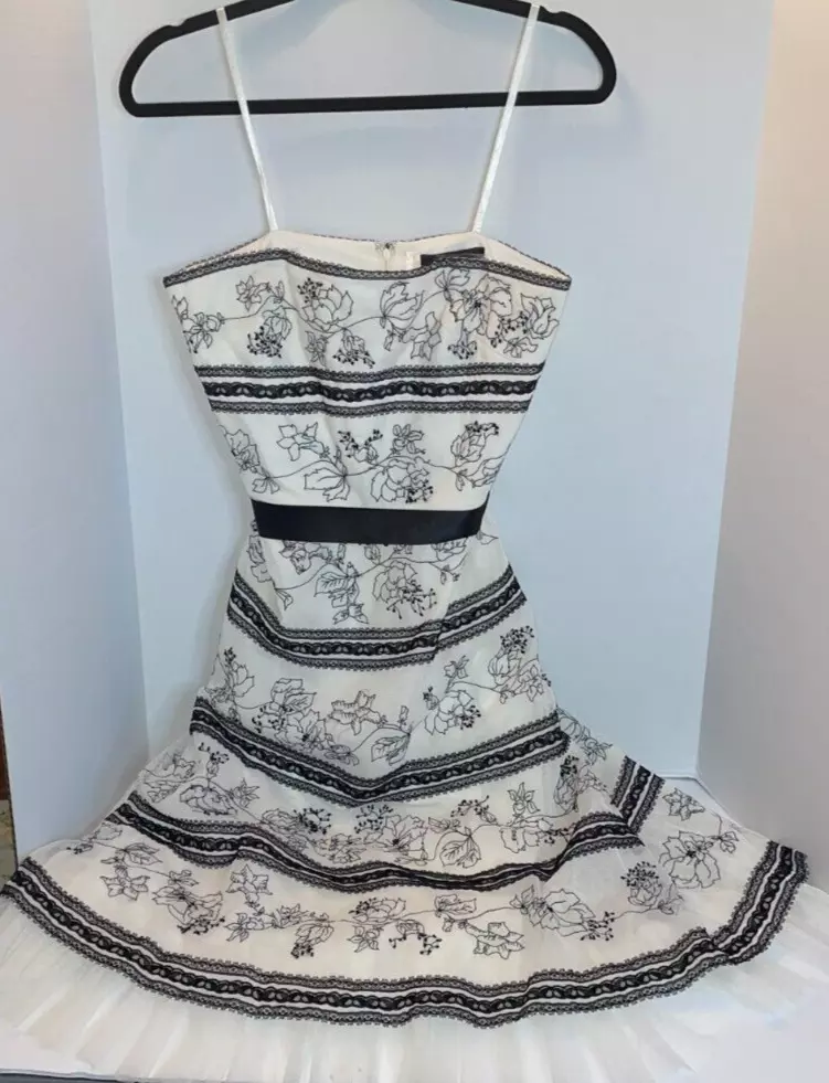 BCBG Max Azria Black Embroidered Floral Dress with White Tulle Lined Size 8