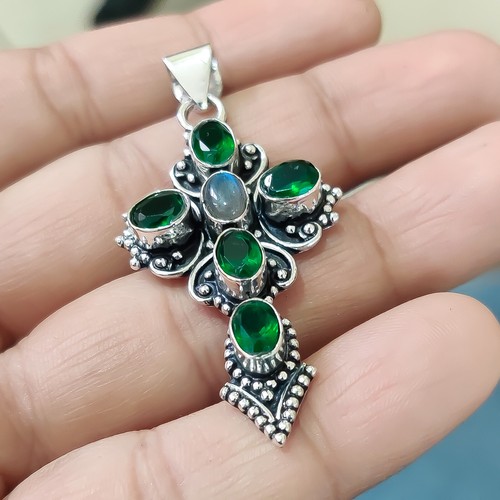 Multi Diopside & Labradorite Gemstone 925 Sterling Silver Cross Easter Pendant - Picture 7 of 10