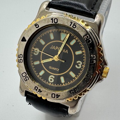 VTG Japona Quartz Watch Men Dual Tone Rotating Bezel Leather Analog New Battery