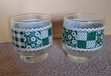 Vtg Libbey Libby Green Check & Flower Juice Water Drinking Glasses Set Of 2