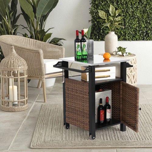 Outdoor Kitchen Island-Wicker Bar Cart w/ Wheels, Stainless Steel Top