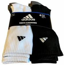 6 PAIRS Adidas SUPERLITE AEROREADY CREW SOFT COMFRT Socks BLACK WHITE LARGE 6-12
