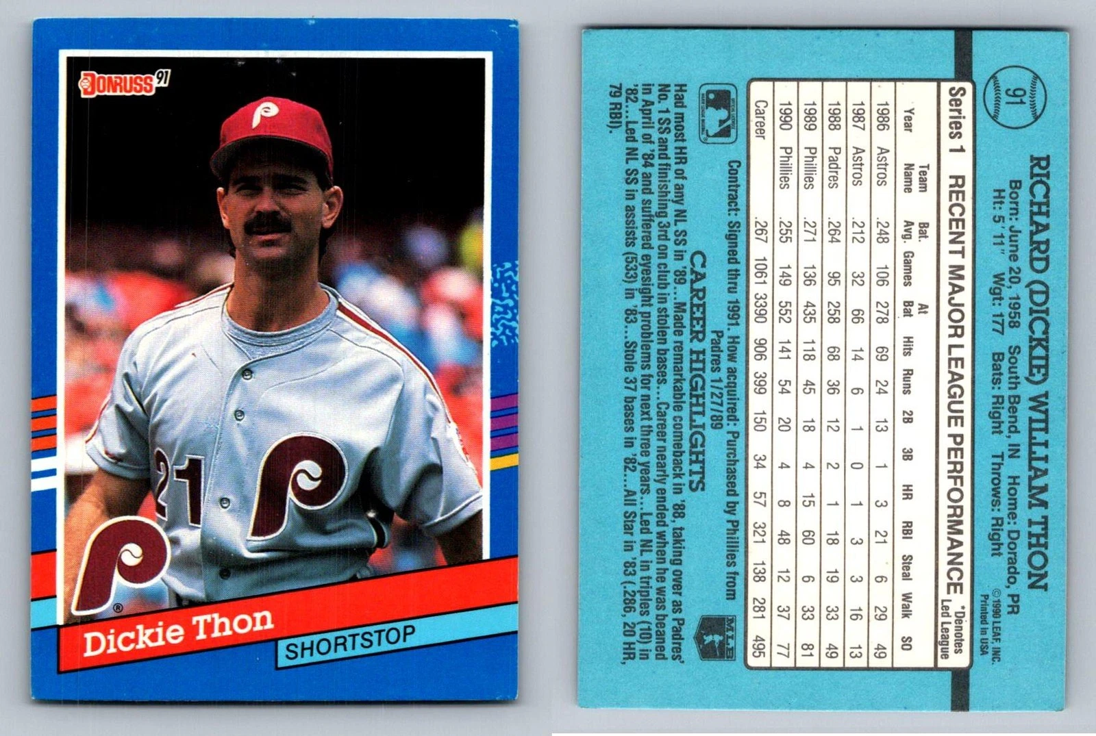 Dickie Thon Shortstop Philadelphia Phillies Donruss 1991 Card 21 Baseball