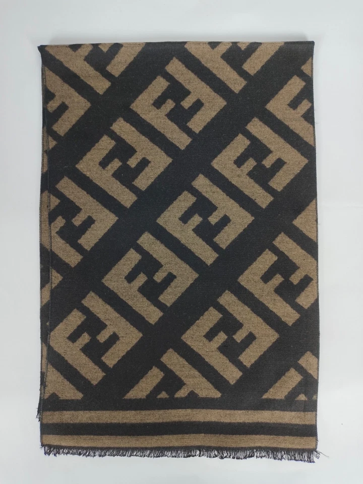 FENDI genuino vintage estampado marrón negro lana cachemir invierno bufanda bufandas Foto 3 de 4