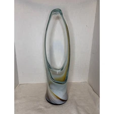 VTG MCM Hand Blown Stretched Art Glass Basket Vase Murano Style Brown Swirl 18"