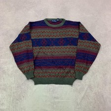 Vintage abstract knitted jumper Patterned Grandad chunky knit sweater Men's L