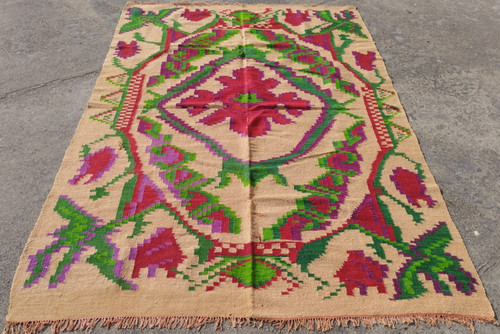 Vintage Traditional Oriental Turkish Multicolor Wool Kilim Rug Carpet 251x176 cm