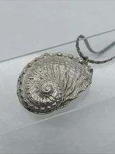 Modern Large Abalone Shell Necklace Pendant Textured Silver Tone Modernist Beach