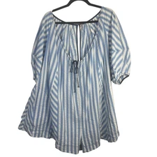 Free People Bop Around Romper Blue Ivory Striped Boho Scoop Neck Size Large