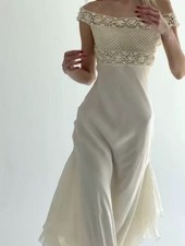 Ivory Off Shoulder Dress Beaded Lace Silk Blend Evening Wedding Guest S