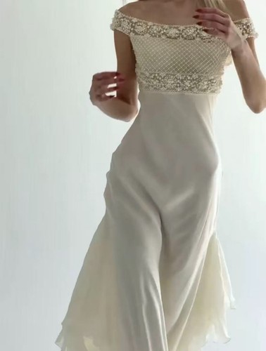 Ivory Off Shoulder Dress Beaded Lace Silk Blend Evening Wedding Guest S
