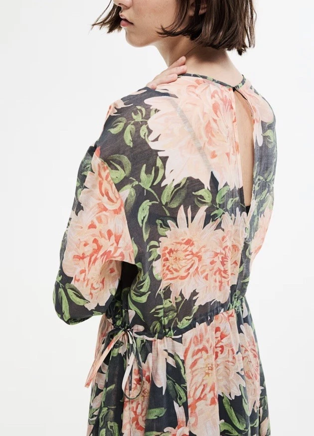H&M Edition Maxi Loose  Dress Apricot  Green  Floral -Large - Image 3 of 4