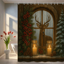 Christmas Shower Curtain with Deer and Pine Decorations