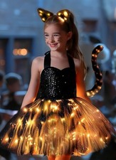 Girls Black Cat TuTu Tulle Dress Animals Cat Costumes LED Light Up Halloween Out