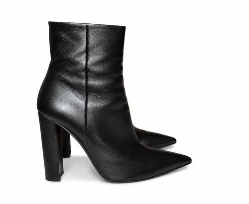 Black leather Gianvito Rossi ankle boot with pointed toe, 40.5 US 10.5 Italy, on white background.