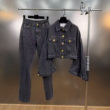 Collar horn long sleeved denim jacket straight leg metal buckle pant set 2026