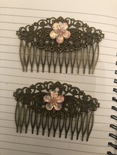  2 Retro Peach Crystal Flower Victorian Filigree Vintage Bronze Hair Combs