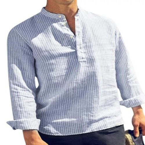 Mens Retro Collarless Grandad Striped Shirts Tops Causal Hippy Cotton Button - Picture 11 of 17