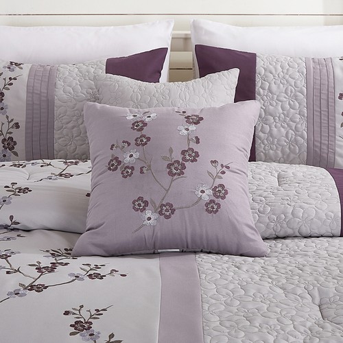 7-Piece Purple Pleated Stripe Embroidered Floral Cherry Blossom Comforter Set - Picture 4 of 6