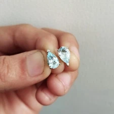 Natural Aquamarine Pear Cut Dainty Stud Earrings 925 Sterling Silver Earrings