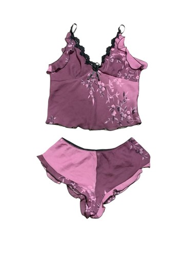 VTG Victorias Secret M Floral Cami Babydoll Top Bottom Set Purple Y2K lace trim - Picture 4 of 8