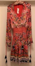 HEMANT & NANDITA NWT Smocked Waist LS Dress Red Floral Bird Tassel Print Size S
