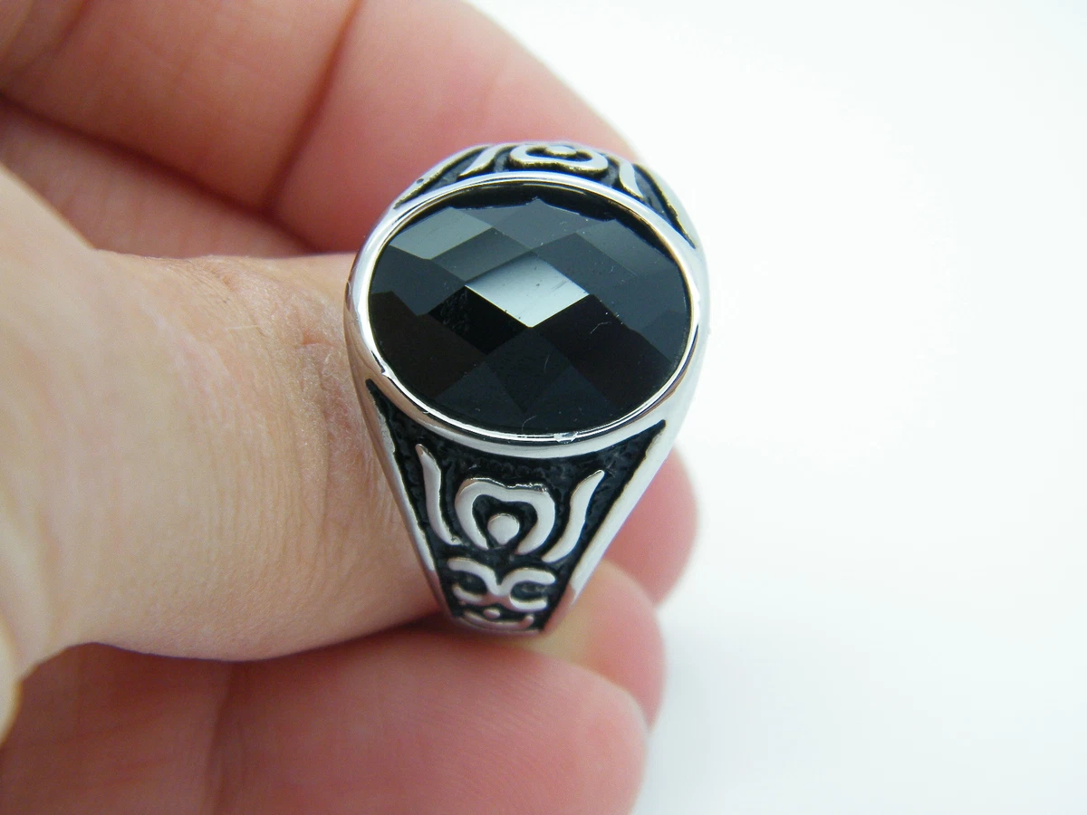 Female Stainless Steel Ring Black Stone