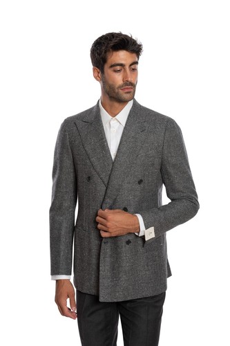 $2150 LUIGI BORRELLI "FIRENZE" HandSewn Gray Double Breasted Jacket Donegal Wool - Picture 2 of 7