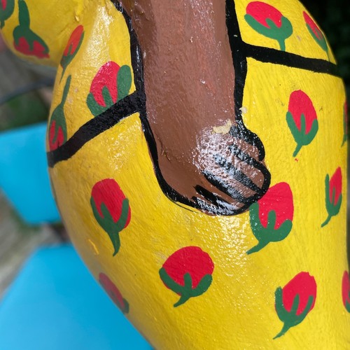 14.5" Carved Wood Yellow & Red Floral Long Dress African Woman w Bun Statue - Picture 6 of 8