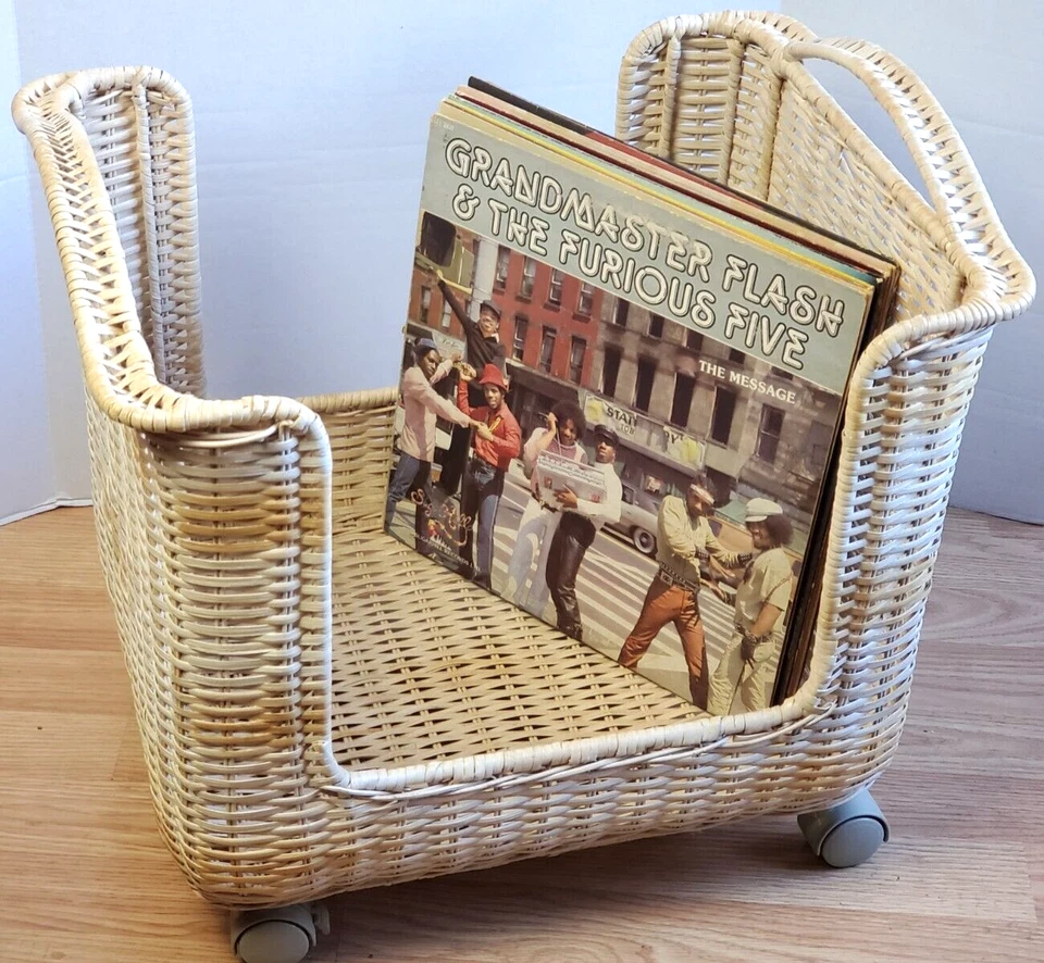 Vintage 70's- 80's Retro Boho Wicker Magazine/Album/Pet Storage Rack On Wheels - Image 3 of 4