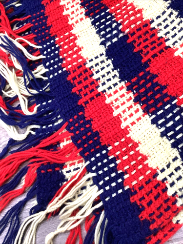 VTG MCM Blanket Throw Red Off White Blue Handmade Retro 47”x55” Picnic July 4th - Picture 6 of 6