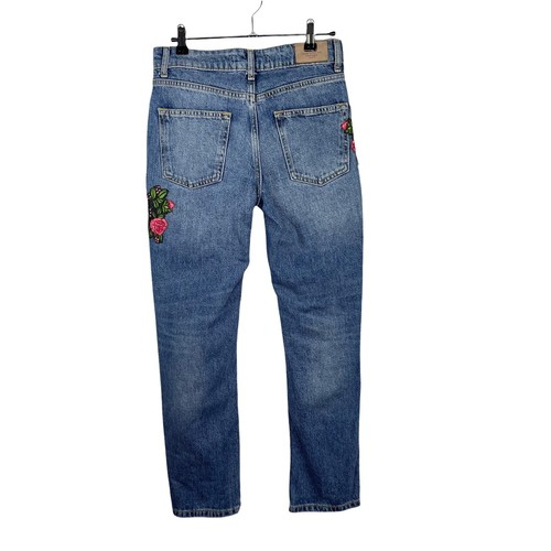 Zara Basic Denim Straight Leg Jeans Floral Patch Sequin Distressed Women's Sz 00 - Picture 2 of 5