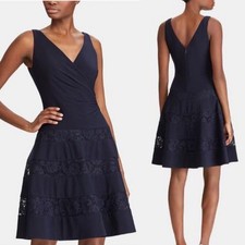 Ralph Lauren Navy Dress Ruched Sleeveless VNeck Evening Fit Flare Women Size 6