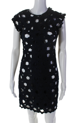 #ad Aqua Womens Open Knit Short Sleeves A Line Dress Navy Blue Size Extra Small $24.99