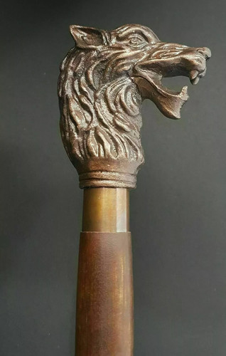 Handmade Walking Stick Wolf Head Copper Antique Metal Handle Wooden Vintage Cane - Picture 5 of 7
