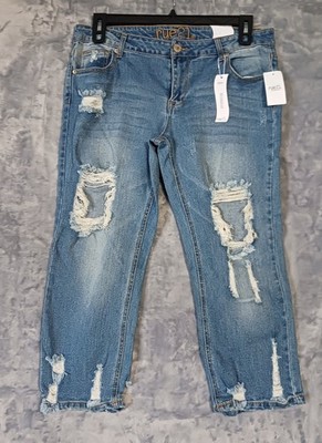 Rue21 Jeans Womens 11 12 Curvy Blue Distressed Relaxed Fit Ripped Denim Pants