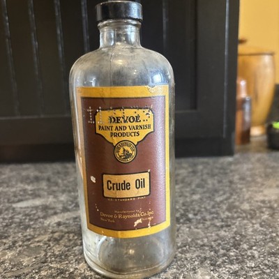 1939 Devoe Paint And Varnish Products - Crude Oil 1 Pint Bottle W/ Paper Label