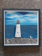 Original Painting Framed Lighthouse Seascape Acrylic Hand Painted Canvas Board