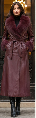 Ladies real leather winter coat burgundy Langmental with faux fur collar belt 