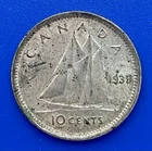 1939 Canada 10 Cents 0.800 Silver Coin - FREE Shipping